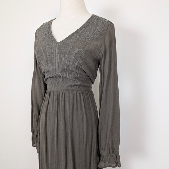 EDC Mini Dress Olive Khaki Green V-Neck Balloon Sleeve Embroidered Long Sleeve - Picture 5 of 13